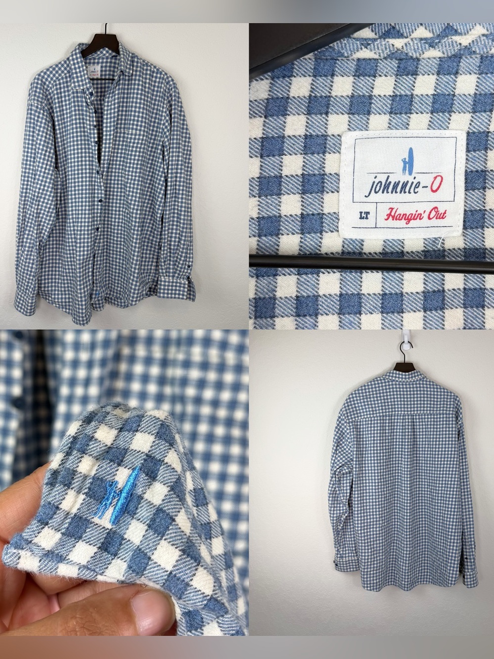 •JOHNNIE O• Hyat Hangin Out Button Up Malibu Sz Large Tall Blue White Checkered